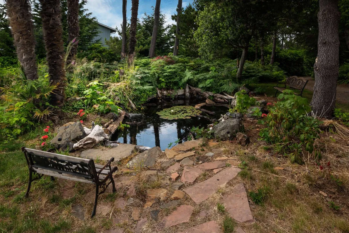 A tranquil garden pond is surrounded by lush greenery and a stone path, with a bench providing a restful spot to enjoy the outdoors. The area feels private and inviting, ideal for quiet moments and wildlife watching.