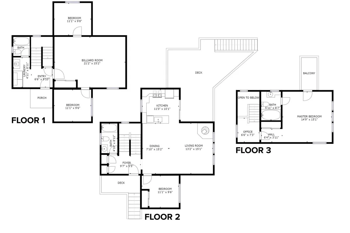 A wide interior view that includes multiple home spaces—visible are a billiard room, kitchen, living room, and a glimpse of the master bedroom and deck beyond. The scene is welcoming and vibrant, hinting at the connectivity and versatility of the home's different areas.
